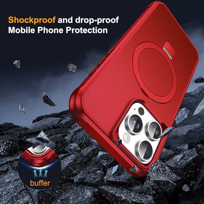 SKYLMW Compatible with iPhone 15 Pro Max Case with Invisible Magnetic O-Ring Stand Military-Grade Case for iPhone 15 ProMax 6.7" [Compatible with Mag-Safe][Great Grip Feeling], Red