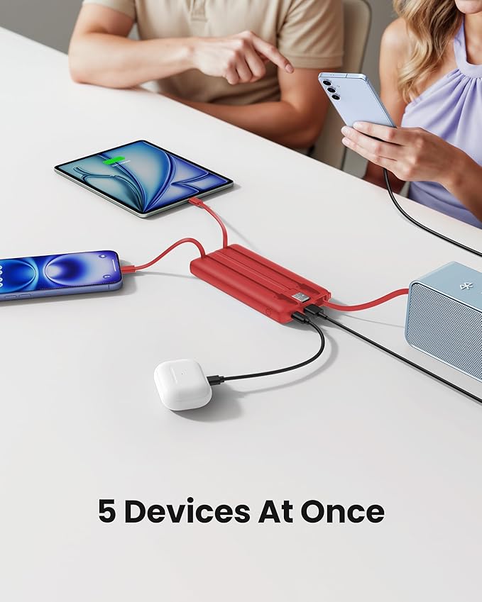 Portable Charger Power Bank, External Battery Pack with Cords Wires, Light 10000mAh Travel Essentials Battery Bank 5 Outputs 2 Inputs LED Display Compatible with iPhone/Android &More(Magenta)