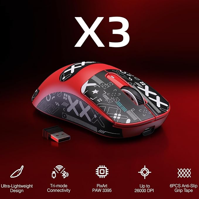 ATTACK SHARK X3 Wireless Gaming Mouse, 49g Bluetooth/2.4G/USB-C Ergonomic Computer Mouse, PAW3395 26K DPI Sensor, 200h Battery Life, Programmable Buttons Griptape, Gaming Accessories for PC/Laptop/Mac