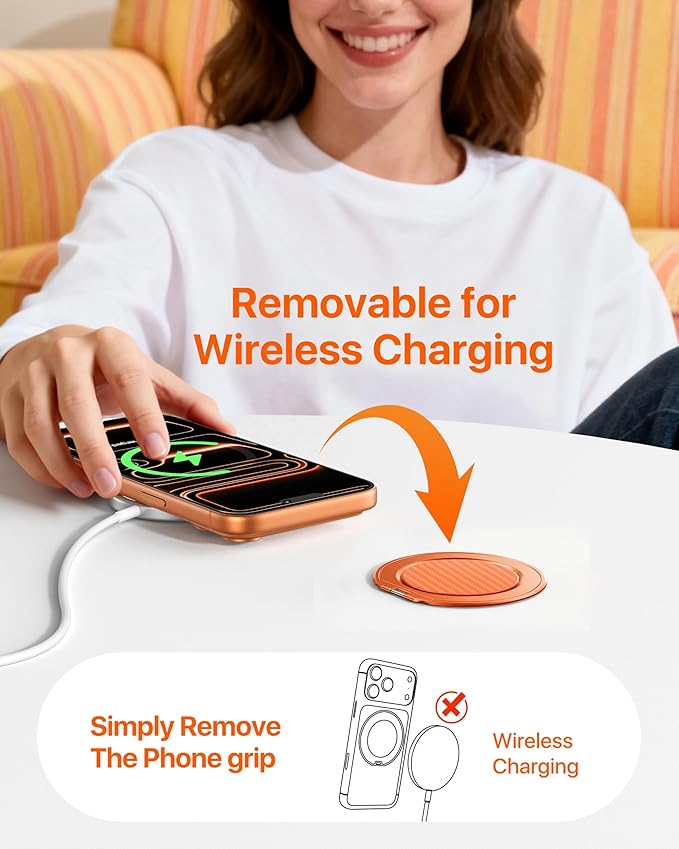 andobil [2026 Ultra-Thin] Magnetic Phone Grip for MagSafe [360° Rotate] Magnetic Cell Phone Ring Holder & Kickstand for MagSafe Accessories & iPhone 17 Air 16 Pro Max Plus 15 14 13 12, Orange