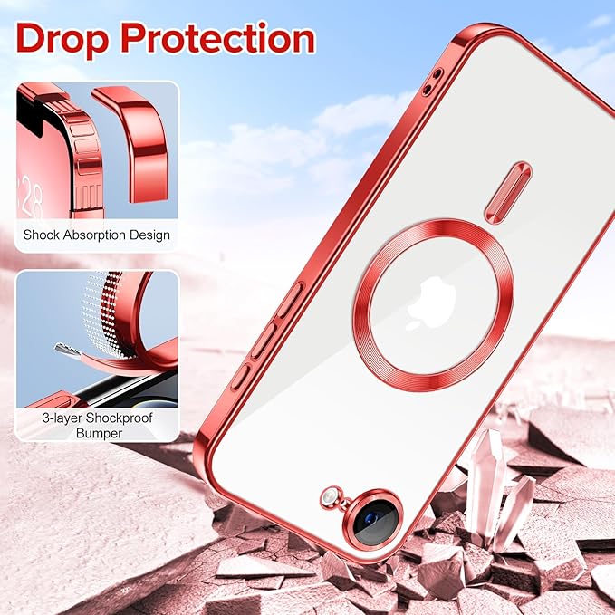 Hython Magnetic Clear for iPhone 17e Case with Camera Lens Protector [Compatible with MagSafe] Luxury Plating Edge Slim Soft TPU Cover Protective Phone Case for iPhone 17e 6.1", Red