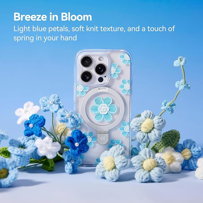 CASEKOO Floral Series Blue Flowers for iPhone 16 Pro Max Case with Magnetic Ring Stand [Compatible with MagSafe] [Military-Grade Protection] Fashion Clear Back, Soft Edge, for Women