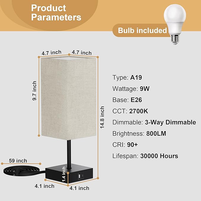 Touch Bedside Lamp for Bedroom Set of 2, 3 Way Dimmable Table Lamp with USB C+A Charging Ports, Small Nightand Lamps for Bedroom Decor, Living Room, Home, LED Bulbs Included, Upgraded Beige