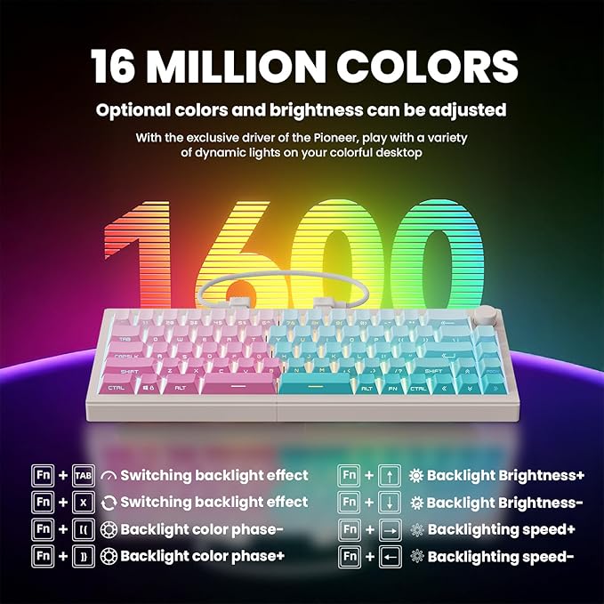 ZORNHER ST68 Wireless Ergonomic Split Mechanical Keyboard,65% Pink & Blue Custom Creamy TKL Keyboard with Knob,Lighted Up PBT Keycaps,Pre-lubed Linear Switches,Hot-Swappable,RGB Backlit