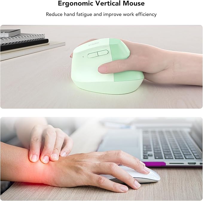 KYSONA EM18 Wireless Ergonomic Vertical Mouse, Ergo Design, Bluetooth Cordless Mouse for Medium/Large Hands, Silent Click, 5-Level Adjustable DPI, Carpal Tunnel Mice for Computer/PC/Mac/Laptop, Green