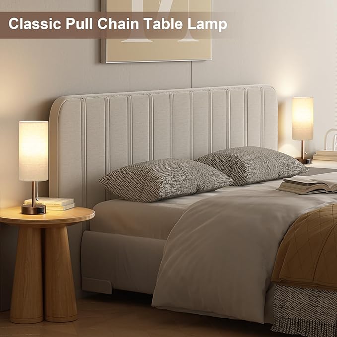 PartageiZ Brown Table Lamp for Bedroom Nightstand - Small Lamp with USB A + C Charging Port, 3 Color Temperatures Pull Chain Night Stand Light, Silver Base Desk Reading Lamp for Living Room