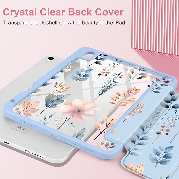 Case for iPad Air 13 inch 2026 M4 2025 M3 2024 M2 Release Slim Lightweight Shockproof Cute Blue Cover with Clear Back TPU Edge Pencil Holder Trifold Stand Auto Wake Sleep, Hand-Drawn Leaves