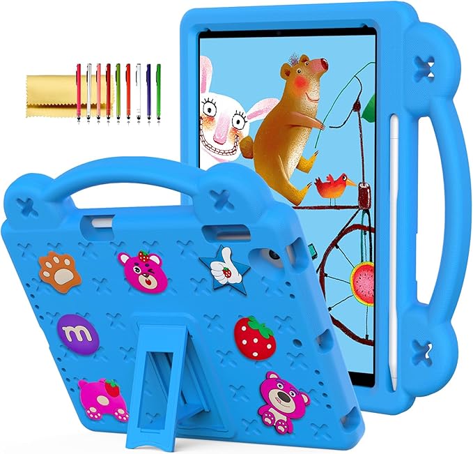 Dteck Kids Case for iPad 9.7 Inch 6th/5th Gen 2018/2017 & iPad Air 2/1 & iPad Pro 9.7,Strawberry Panda Shockproof Rugged Lightweight Pencil Holder Convertible Handles Stand Kid Friendly Case,Sky Blue
