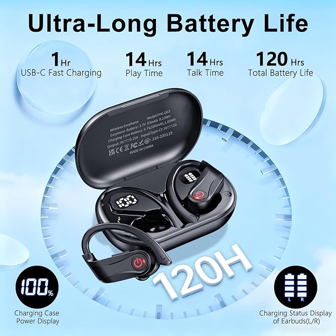 2026 Wireless Earbuds 120hrs Bluetooth 6.1 Headphones Sports Ear Hook with Mic, Noise Canceling Ear Buds with Charging Case, Easy Button Controls Dual LED Display Case Sweat and Water Resistant Black