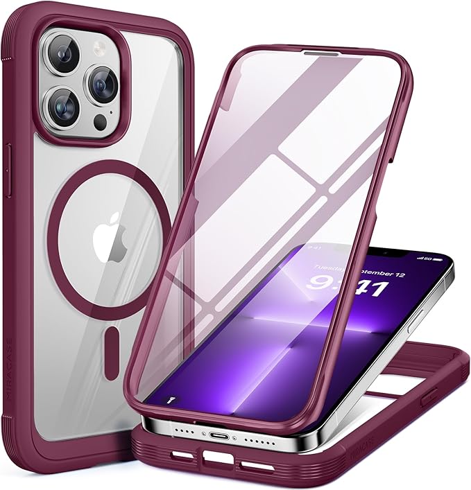 Miracase Magnetic for iPhone 13 Pro Max Case 6.7 inch, (Compatible with MagSafe) Upgrade Full-Body Clear Phone Bumper Case with Built-in 9H Tempered Glass Screen Protector, Magnetic Wine Red
