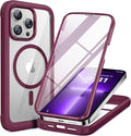 Miracase Magnetic for iPhone 13 Pro Max Case 6.7 inch, (Compatible with MagSafe) Upgrade Full-Body Clear Phone Bumper Case with Built-in 9H Tempered Glass Screen Protector, Magnetic Wine Red