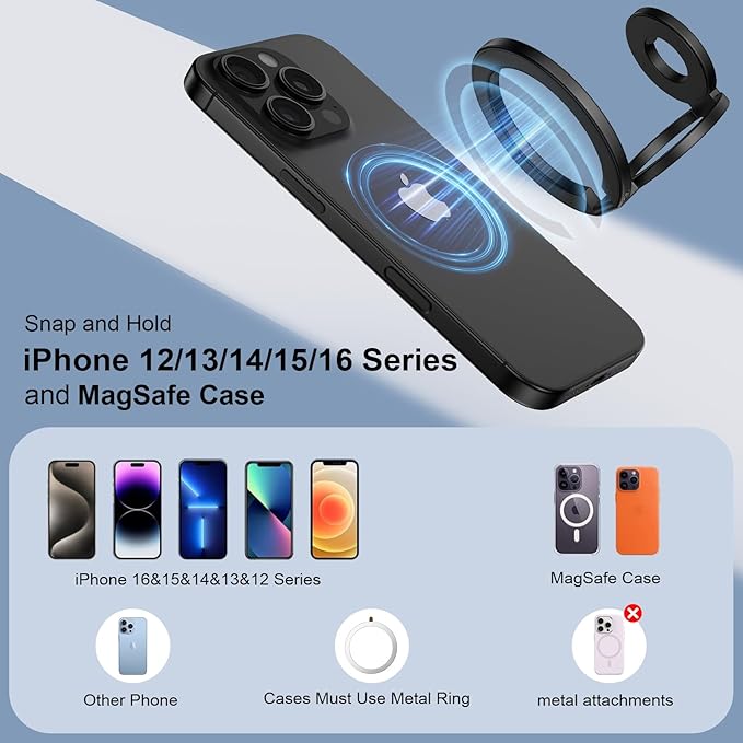 Magnetic Phone Ring Holder for MagSafe Gym Phone Grip Stand Finger Ring Kickstand Dual-Sided Magnetic Stand for iPhone 17 16 Pro Max 16e 15 14 13 12 Pro Max,Samsung,Compatible for Wireless Car Mount