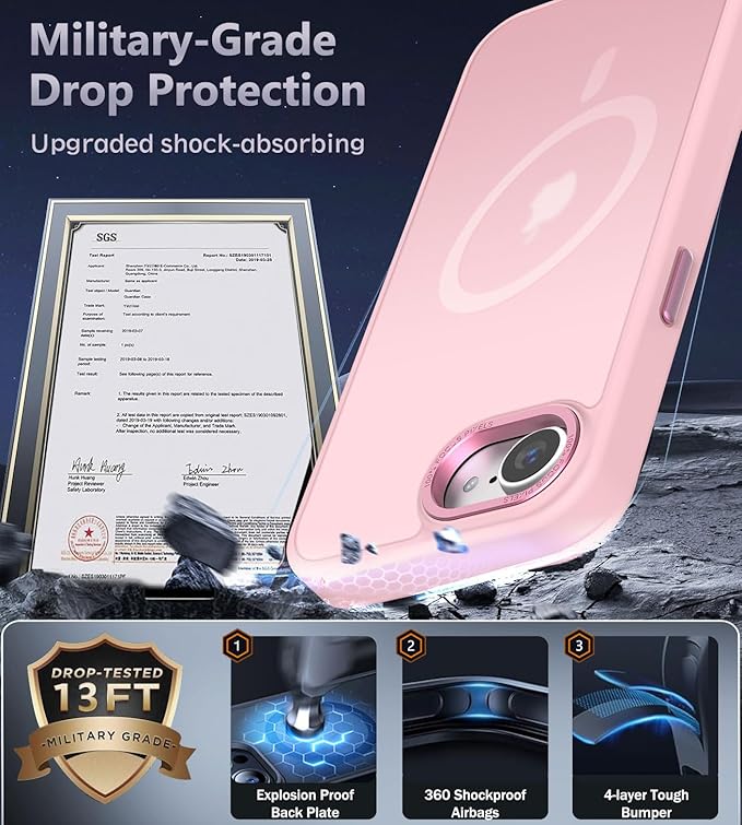 Newfuture Designed for iPhone 17e Case & iPhone 16e Case with Magnetic [13 FT Military Drop Protection] [Compatible with Magsafe] Translucent Shockproof with Anti-Fingerprint Phone Case, Tender Pink