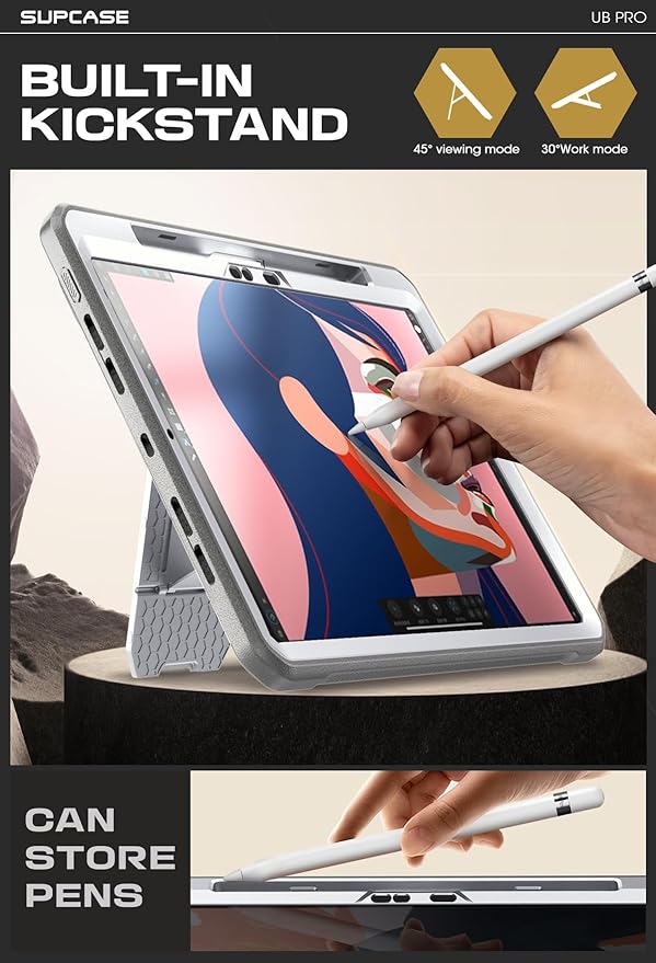 SUPCASE for iPad Pro 11 Inch Case M5/M4 (2025/2024) with Pencil Holder (Unicorn Beetle Pro), [Built-in Screen Protector & Stand] Full-Body Rugged Cover for iPad Pro 11'' 6th/5th Gen, White