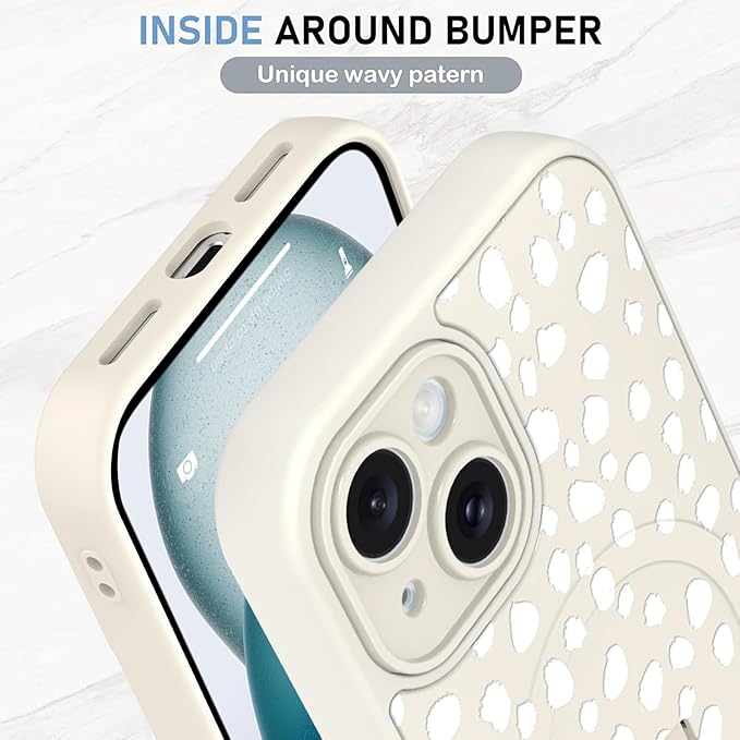 KANGHAR Compatible with iPhone 15 Case, Support for MagSafe, Silicone Speck Leopard Cute Pattern, Wristband Kickstand Camera Protection Soft Slim Cover for Girls Women -White