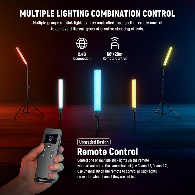 NEEWER Upgraded LED Video Light Stick & 2.4G Remote Kit, 2 Pack Handheld Dimmable 3200K~5600K CRI97+ Video Lighting with Stands/Filters/Bag for YouTube Video Recording Photography Gaming, BH20B Silver
