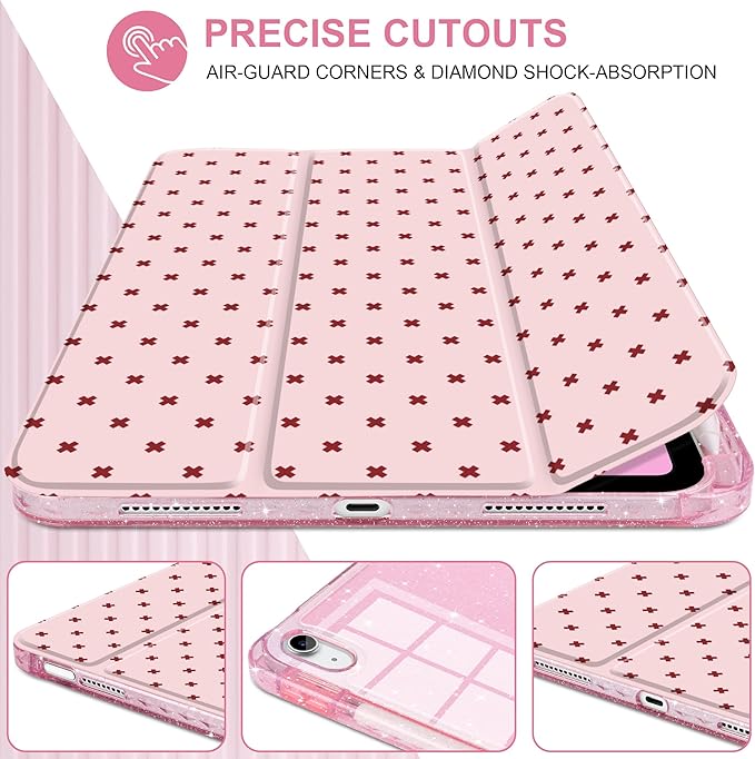 DONGKE for iPad Pro 11 inch Case – Fits M5 2025 / M4 2024, Shockproof Sparkling Glitter Acrylic Back, Pencil Holder, Trifold Stand, Auto Sleep/Wake & Touch ID Support - Pink Cross Dot