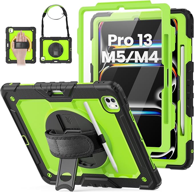 HXCASEAC for iPad Pro 13 Inch Case (M5/M4) 2025/2024, Shockproof Design with Pencil Holder, Protector, Rotating Stand, Hand Strap, Heavy Duty Protective iPad Pro13 Cover A3360 A3361 A2925 A2926,Green