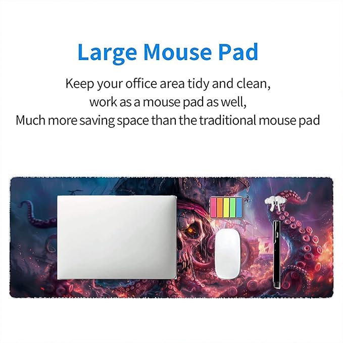 Octopus Pirate Skull Desk Mat Black Ship Large Gaming Mouse Mat with Stitched Edges,Non-Slip Waterproof Rubber Base Mous Mat 31.5"x11.8" Office Computer Keyboard Laptop Home