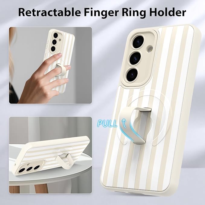 KANGHAR Compatible with Samsung Galaxy S25 Case, Support for MagSafe, Silicone Stripes Cute Pattern, Wristband Kickstand Camera Protection Soft Slim Cover for Girls Women -White