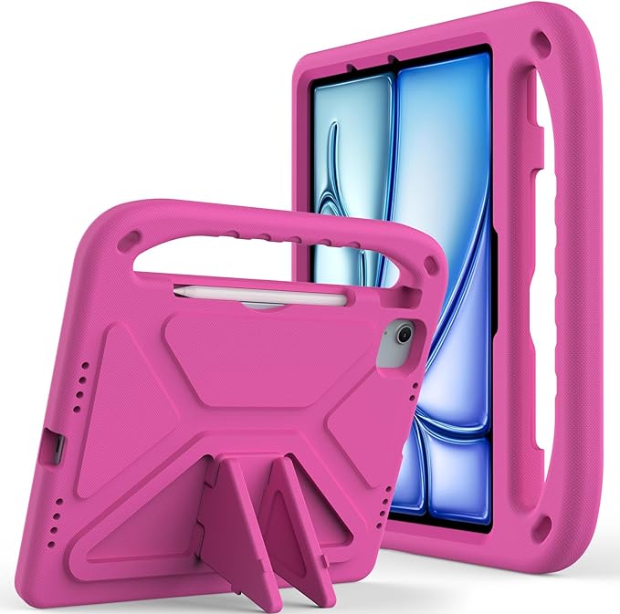 Kids Case for iPad Air 11 inch M4/M3/M2 (2026/2025/2024) & iPad Pro 11 inch M5/M4 (2025/2024) with Pencil Holder/Handle/Kickstand Lightweight Shockproof Cute Soft EVA Foam Stand Cover, Rose