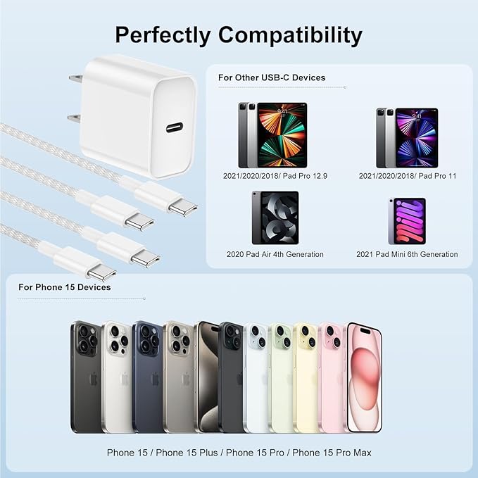 for iPhone 15 16 Chargers Fast Charging, 2Pack 20W USB C Wall Charger for iPhone 16 Pro Max with 2Pack 6FT+10FT USB C to C Cable Compaitble with iPhone 16/16 Plus/15/15 Pro Max/iPad Pro-Gray