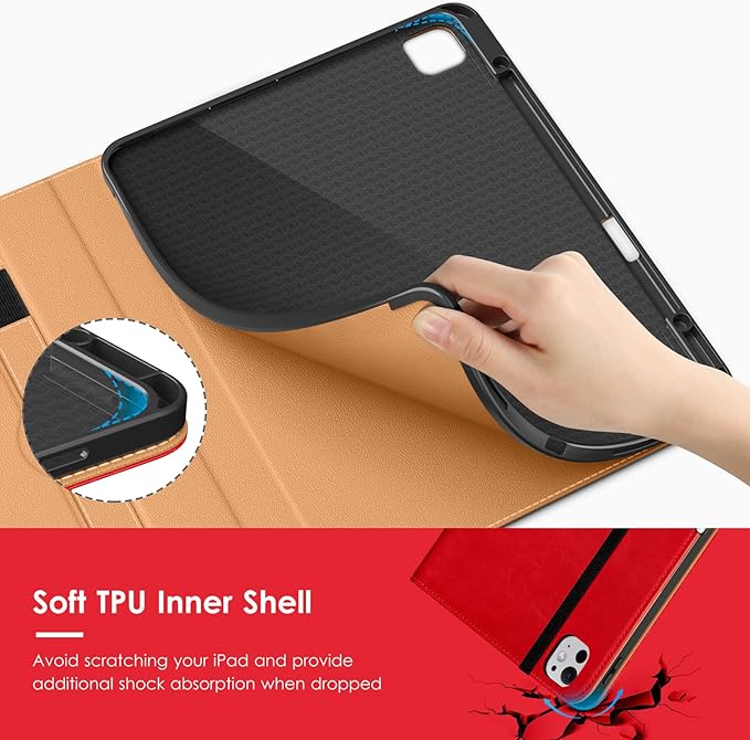 VIKESI Case for iPad Pro 13-inch M5 or M4 Released in 2025 or 2024, Leather Stand Cover with Apple Pencil Holder, Auto Wake/Sleep, Multiple Viewing Angles, Built in Hand Strap & Pocket,Bright Red
