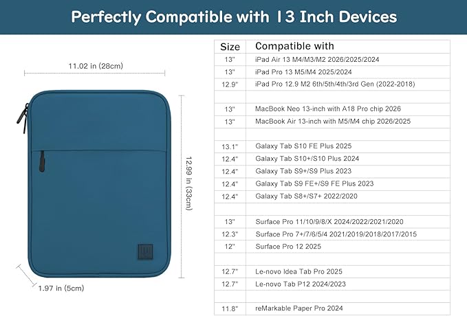 Dadanism 13 Inch Tablet Sleeve Padded Carrying Case for New iPad Air 13" M4/M3 2026/2025, iPad Pro 13" M5/M4 2025/2024, Galaxy Tab S10+/S9 FE+/S9+ 12.4", Remarkable Paper Pro 11.8", Peacock Blue