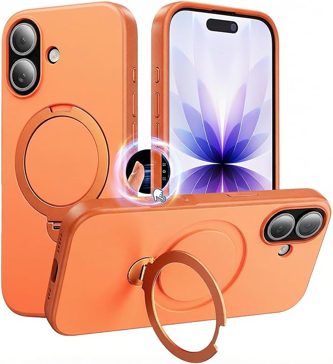 360°Ring Stand for iPhone 17 Case, Compatible with MagSafe, Military-Grade Protective,Anti-Yellowing, Scratch-Resistant Back Cover Phone Case for iPhone 17 6.3", Orange