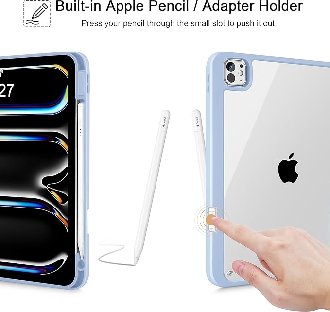 May Chen for iPad Pro 13 Inch Case M5 2025 / M4 2024, Built Pencil Holder & Clear Transparent Print Back Shell Slim Stand Shockproof Tablet Cover, Auto Wake/Sleep, Heart Rabbits