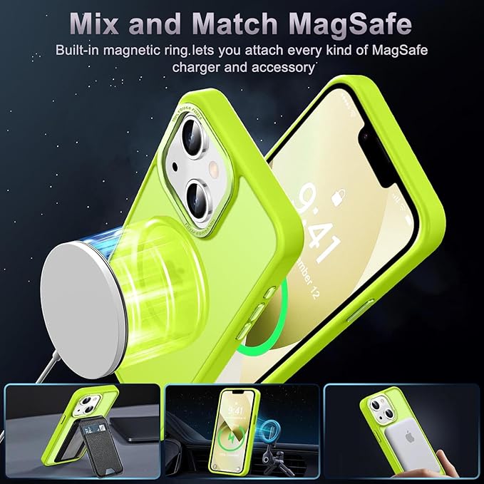 Newfuture Designed for iPhone 13 Case & iPhone 14 Case with Magnetic [13 FT Military Drop Protection] [Compatible with Magsafe] Slim Shockproof with Anti-Fingerprint Phone Case, Fluorescent Green