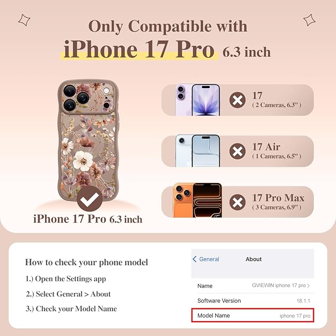 GVIEWIN for iPhone 17 Pro Case Compatible with MagSafe [Curly Wave Edge][Full Camera Protection] Floral Translucent Shockproof Magnetic Women Phone Case for iPhone 17 Pro 6.3'', Corn Poppy/Brown