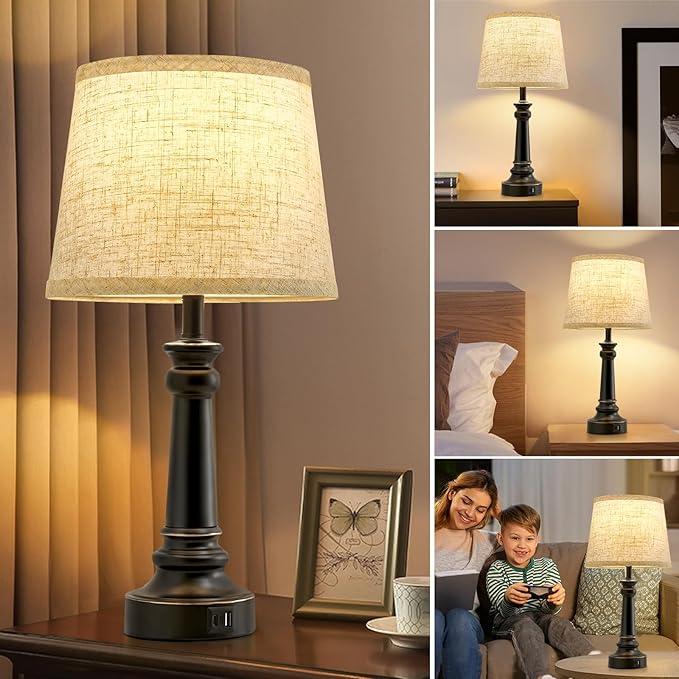 EJIAXIN Touch Lamps for Nightstand Set of 2 - Black Table Lamp for Bedroom Dimmable Bedside Lamp with USB C+A Ports - Lamps for Night Stands Living Room End Table,2 LED Bulbs Included