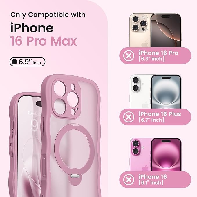 CAPRARO for iPhone 16 Pro Max Case with 360° Spin Magnetic Stand for Women, [Compatible with MagSafe] [Full Camera Protection] Cute Wave Translucent Matte Case for iPhone 16 Pro Max, Black Currant