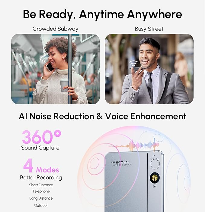 AI Voice Recorder & Transcriber with GPT-5.2 Analysis – 30-Hour Recording, 112-Language Speech-to-Text & Auto Summary for Meetings, Lectures & Interviews, Silver Grey