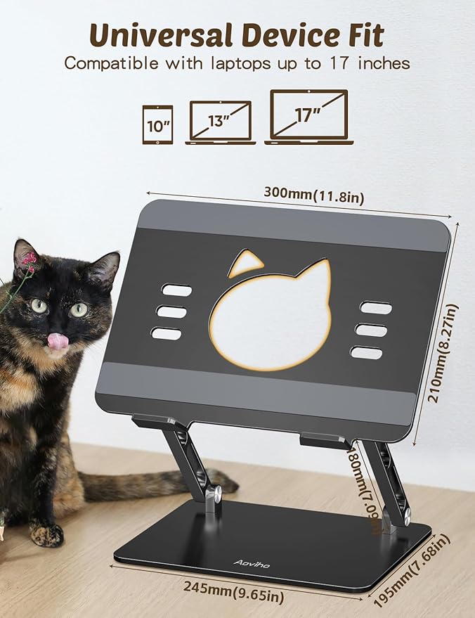 Aoviho Laptop Stand for Desk – Adjustable Aluminum Laptop Riser with Unique Cat-Shaped Cooling Vent, Portable Desk Gift & Decor, Compatible with MacBook Air Pro, Dell, HP, Lenovo (10"-17.3"), Black