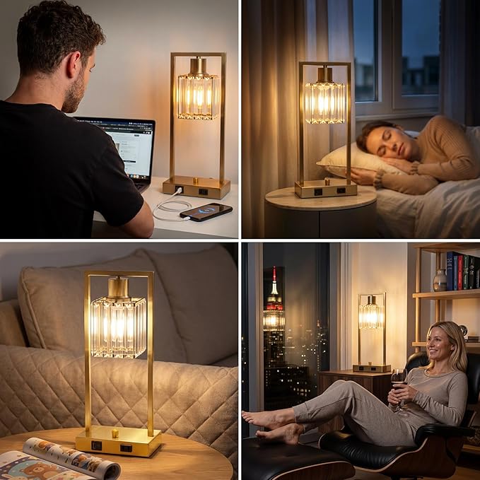 16" Desk Lamps for Home Office, Bedside Lamps with USB C+A Ports and Outlet, Gold Fully Stepless Dimmable Industrial Table Lamps with Crytal Glass Shade for Reading Living Room, LED Bulbs Included