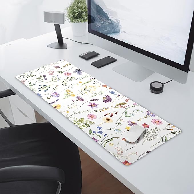 Pretty Flowers Mouse Pad XL Cute Floral Chic Plant Spring Summer Extended Table Mat 80X30cm Non-Slip Rubber Base Stitched Edge Large Mousepad for Desk Gaming Laptop Desk Top,31.5×11.8 Inch