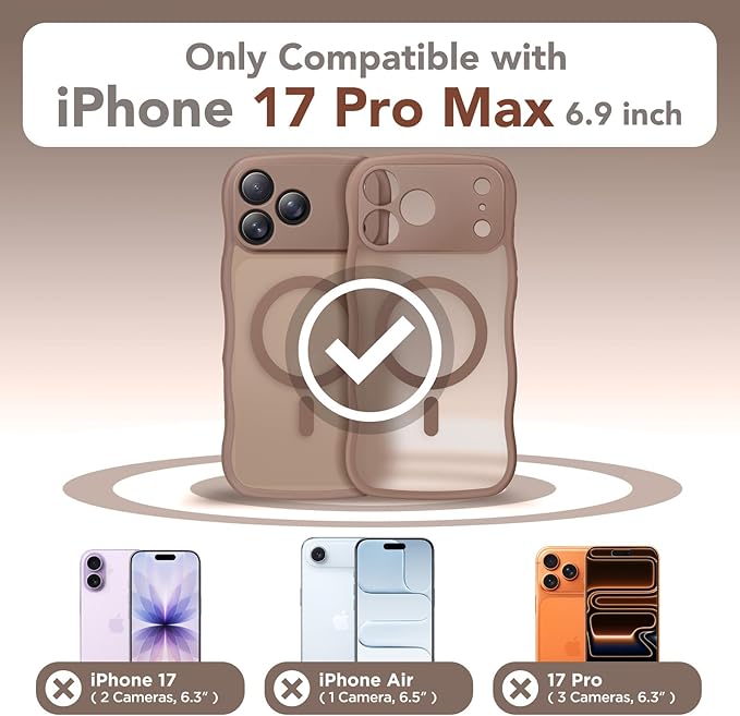 CAPRARO Magnetic for iPhone 17 Pro Max Case for Women Girls, Upgraded [Full Camera Protection] [Compatible with MagSafe] Cute Wave Translucent Matte Phone Case for iPhone 17 Pro Max, Brown