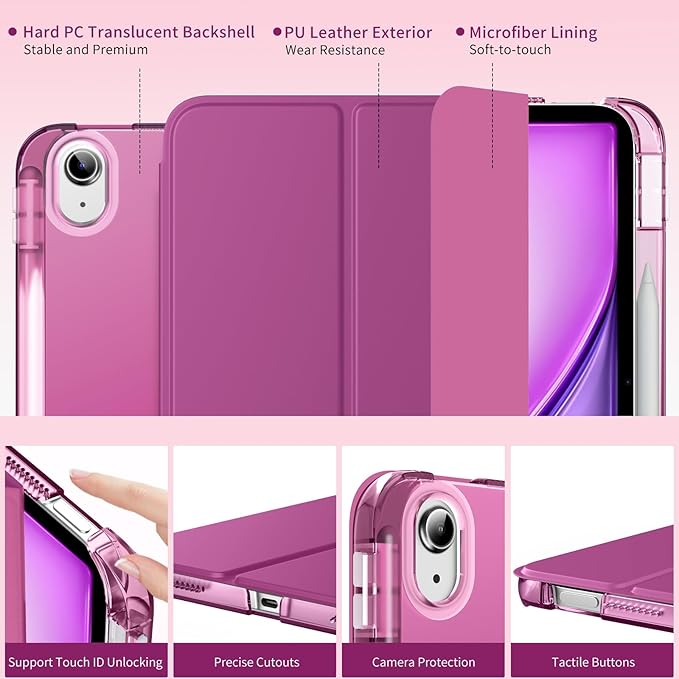 MoKo for iPad Air 11 inch Case (M4/M3/M2) 2026/2025/2024, iPad Air 5th/4th Gen 10.9 inch Case 2022/2020 with Pencil Holder, Slim Light Trifold Cover with Hard PC Translucent Back Shell, Fuchsia