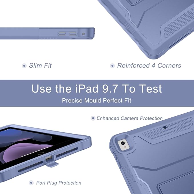 Soke Case for iPad 6th/5th Generation 9.7 Inch 2018/2017,with Built-in Screen Protector and Kickstand, Rugged Full-Body Heavy Duty Protective Cover for Apple iPad Air 2 /Pro 9.7 - Lavender Gray