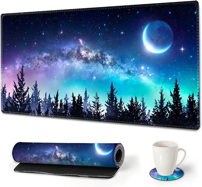 Large Gaming Mouse Pad, AIMSA Extended Mouse Pad with Stitched Edge, XL Keyboard Mouse Mat Non-Slip Rubber Base Desk Pad 31.5x15.7inch for Office Home Game Work -Forest Moon Sky