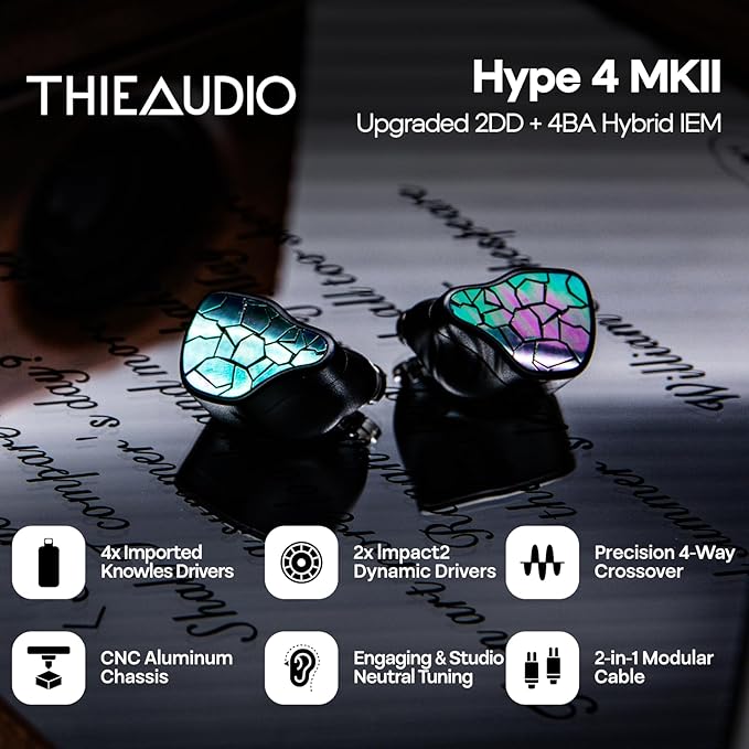 Linsoul THIEAUDIO HYPE 4 MKII 2DD + 4BA Hybird In Ear Monitor,HiFi Wired IEM Earphones,Engaging & Studio Neutral Tuning,CNC Aluminum Gaming Earbuds with 3.5/4.4mm Modular Cable for Musician Audiophile