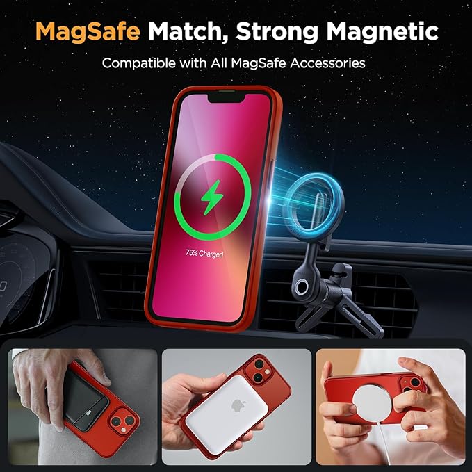 Miracase Magnetic for iPhone 14 Case 6.1 inch (Compatible with MagSafe)（with 2X Screen Protectors） Military-Grade Protection, Anti-Fingerprint Translucent Matte Phone Case Cover, Red