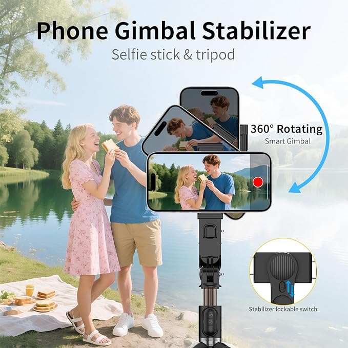 TOALLIN Selfie Stick with Light for Smartphone, Gimbal Stabilizer with Remote, Retractable and Foldable Phone Tripod for iPhone & Android, Video Recording, Streaming, Vlogging