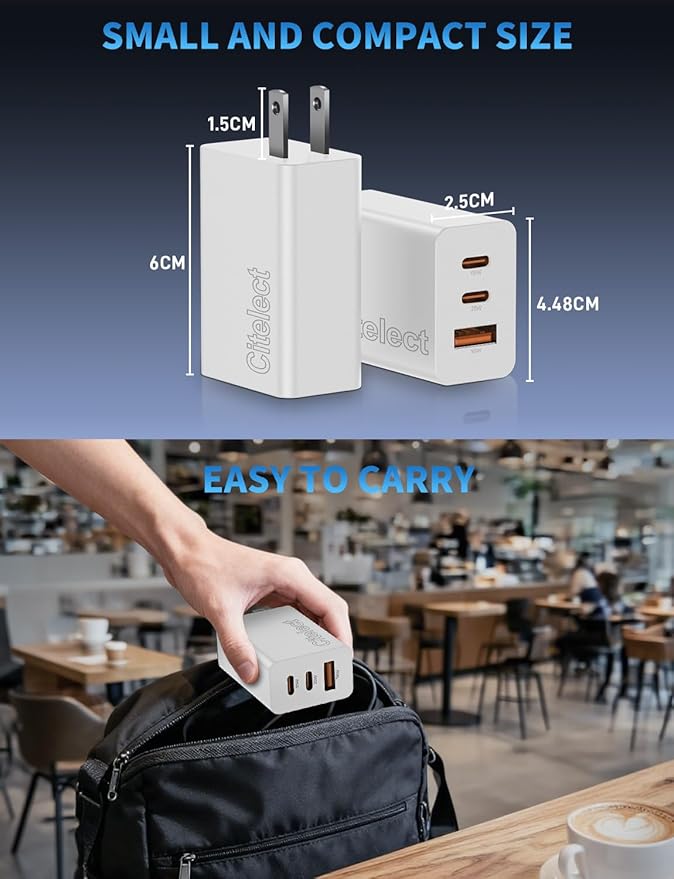 2Pack 65W USB C Charger Block, 3Port Fast Charging Adapter,Type C Fast Charging Blocks Cube PD USBC Wall Plug+QC3.0 USB A Charger Brick for MacBook Pro/Air,iPad,iPhone 17/16,Samsung S26/S25&More-White
