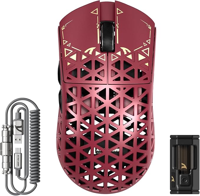 ATTACK SHARK R5 Ultra Wireless Gaming Mouse,39g Superlight Carbon Fiber Hollowed-Out,PAW3950MAX Optical Sensor Nordic 52840 MCU 8K Polling 42K DPI,Tri-Mode Programmable Mice with Coiled Cable-Red
