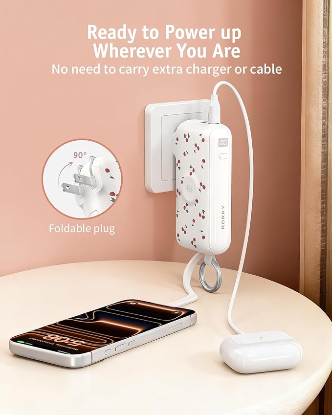 RORRY Flow Portable Charger, 10000mAh 40W Fast Charging Power Bank with Built-in USB C Cable and Foldable Wall Plug, Battery Pack Travel Essentials for iPhone 17/16/15, Apple Watch, iPad, MacBook