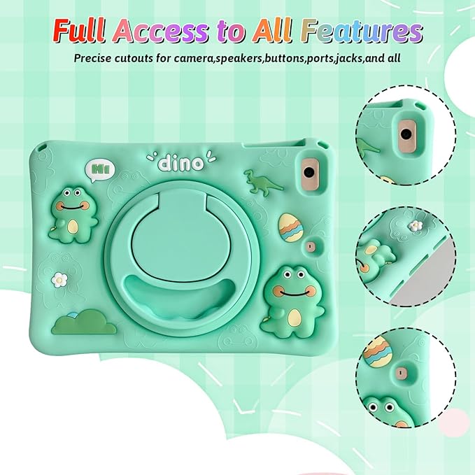 Dteck for iPad 10.9" 10th Generation Case Kids,Cute Cartoon 3D Unique Design Light Rotating Handle Stand Shoulder Strap Soft Silicone Funda Drop Rugged Shockproof Protective Kid-Proof Case,Dinosaur