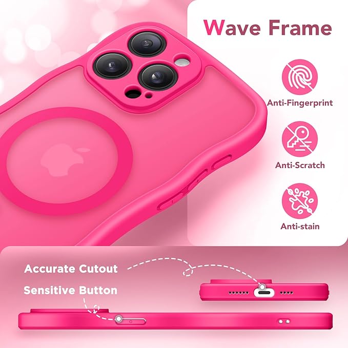 CAPRARO Cute for iPhone 14 Pro Max Case, Compatible with MagSafe, [Curly Wave Edge] [Full Camera Protection] [14 FT Drop Protection] Magnetic Phone Case for 14 Pro Max 6.7 Inch, Hot Pink